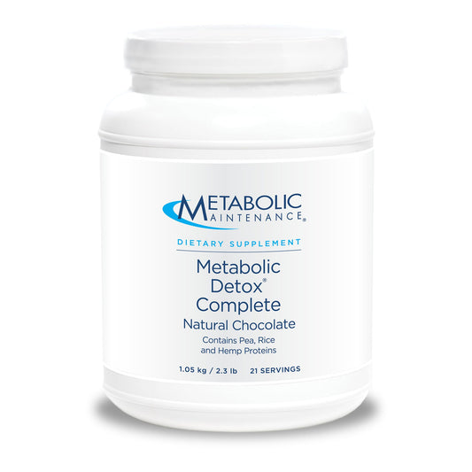 Metabolic Maintenance Detox Complete chocolate bottle on counter for daily protein support.