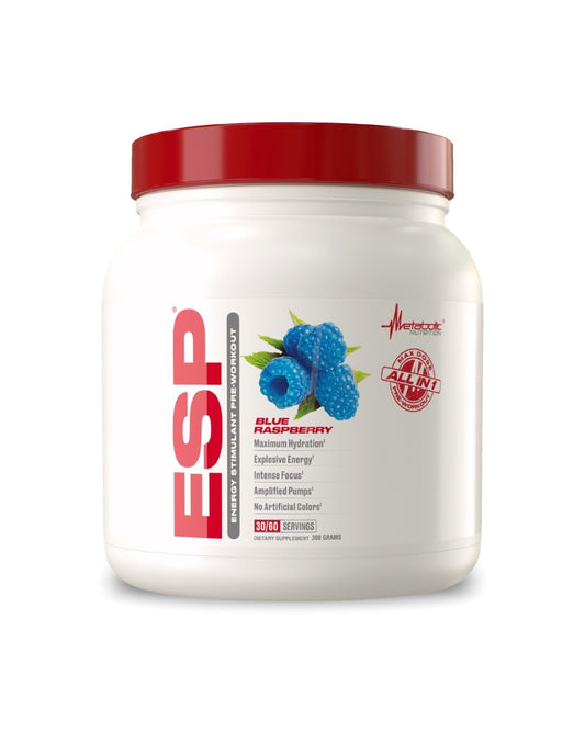 Metabolic Nutrition ESP blue raspberry bottle pour promotes quick, focused energy for workouts