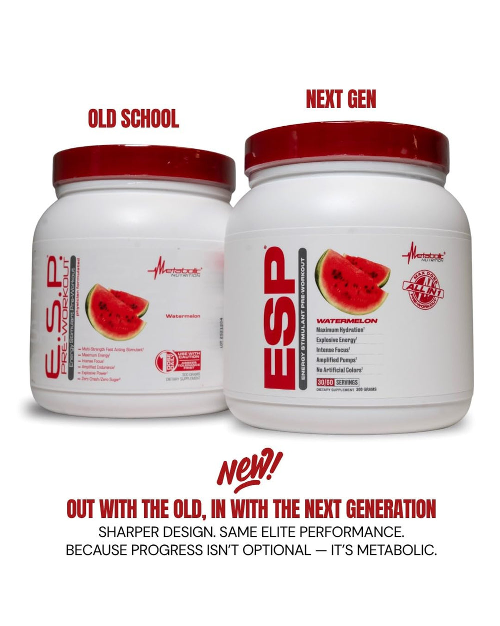 ESP powder tub close-up showing watermelon flavor and fast-dissolving formula.