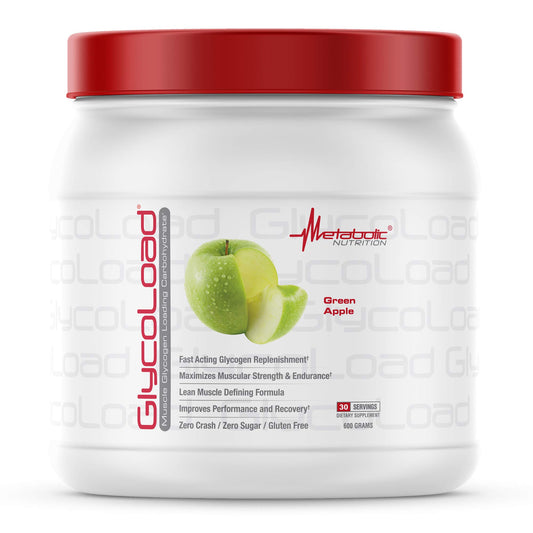 Metabolic Nutrition Glycoload bottle front view, supports fast glycogen replenishment for workouts.