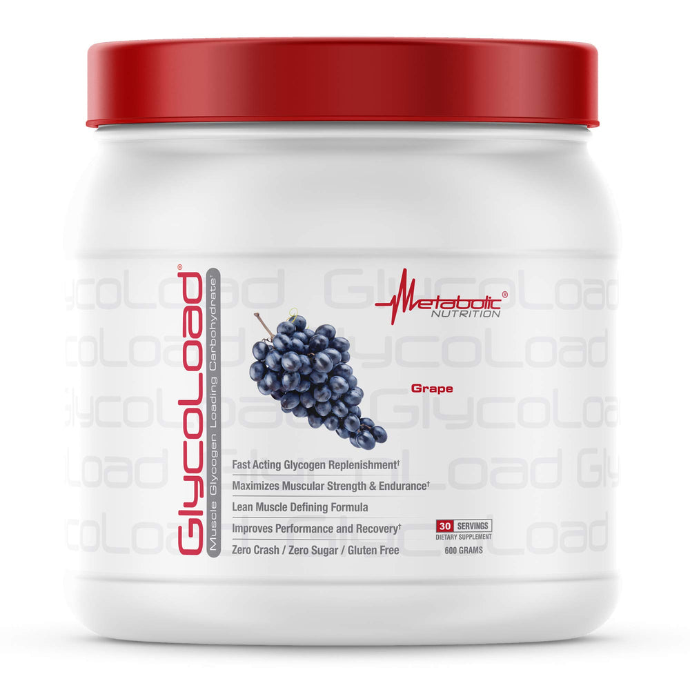 Metabolic Nutrition Glycoload bottle label shows grape flavor and fast glycogen replenishment.