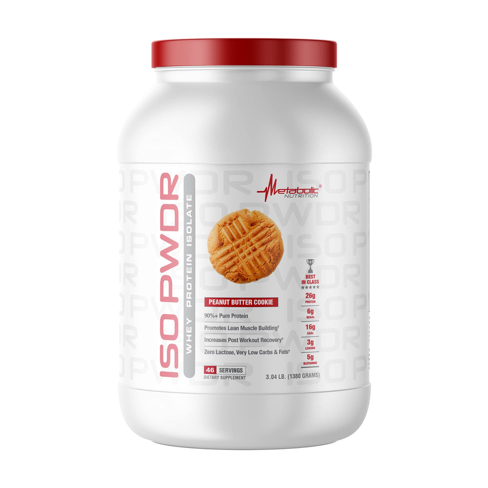Metabolic Nutrition ISO PWDR Peanut Butter Cookie tub front supports muscle with 26g protein per serving.