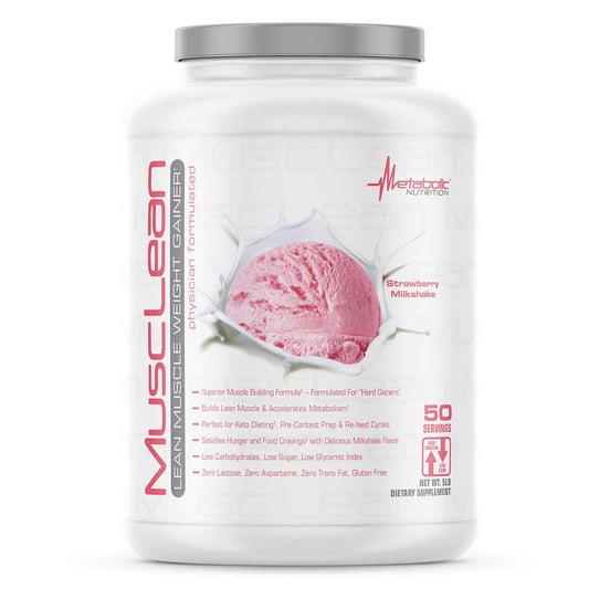 Metabolic Nutrition Musclean strawberry tub with high-protein keto formula for muscle support