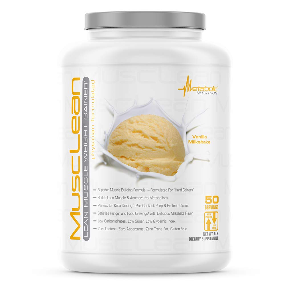 Metabolic Nutrition Musclean vanilla milkshake in glass, high-protein keto drink for workouts.