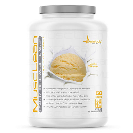 Metabolic Nutrition Musclean vanilla milkshake in glass, high-protein keto drink for workouts.