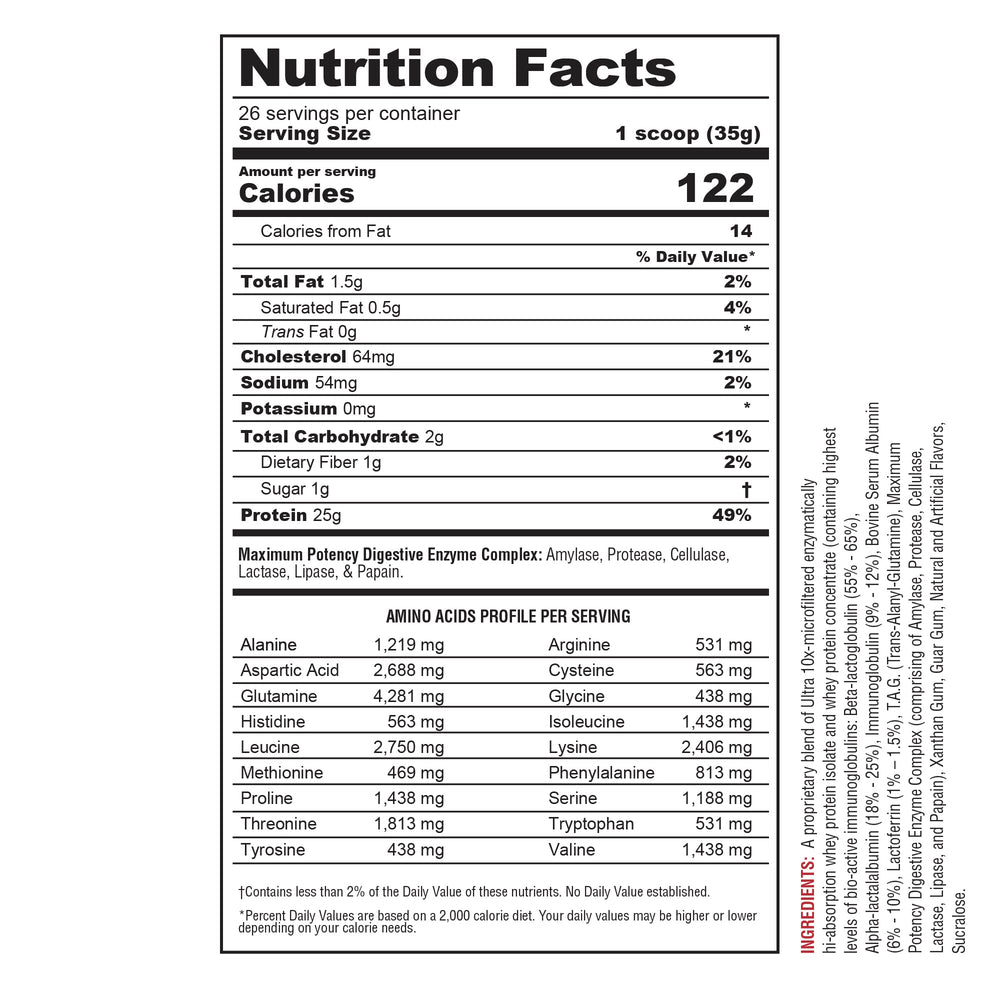 Protizyme Strawberry Creme scoop beside shake glass highlights quick mixability and meal replacement potential.