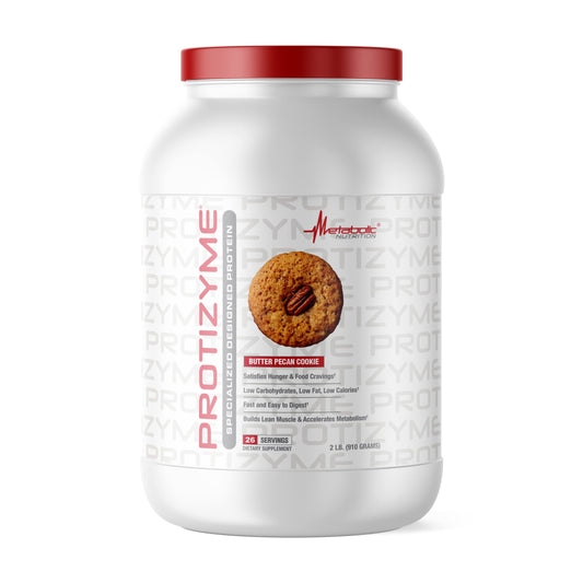 Metabolic Nutrition Protizyme whey protein bottle highlights protein-rich fueling for workouts