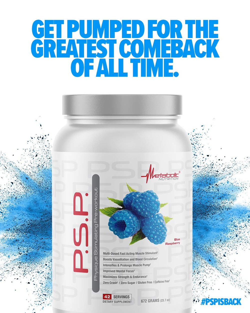 Metabolic Nutrition PSP mixed preworkout in glass with blue drink and ice