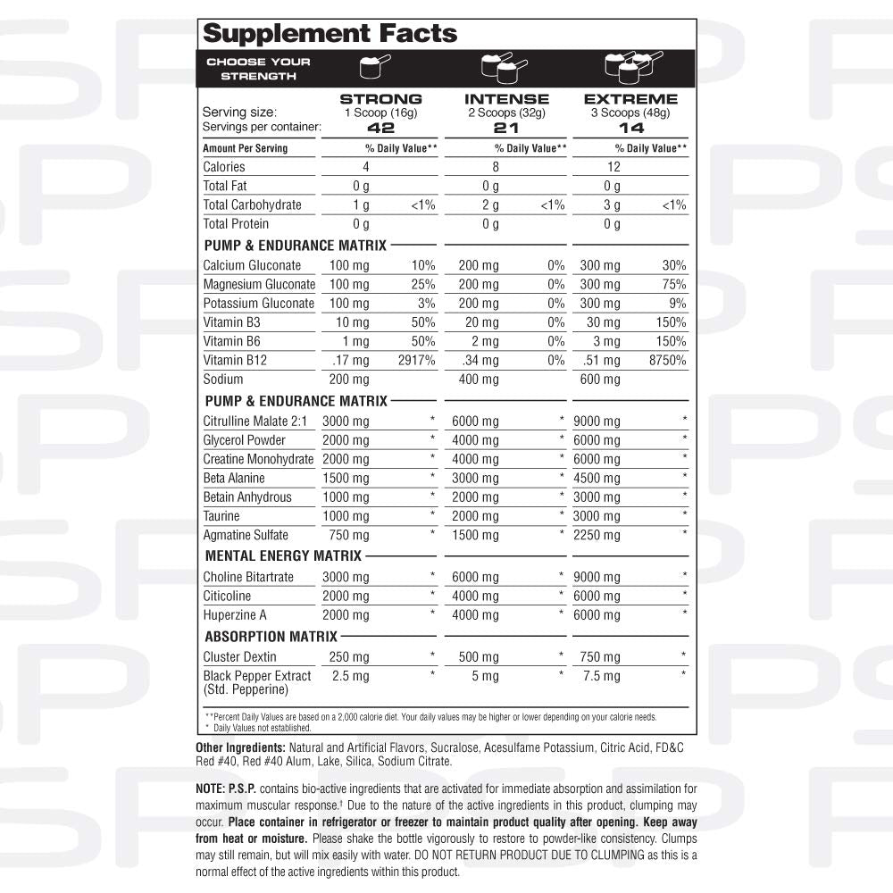 Close-up of P.S.P. physique label noting caffeine-free watermelon formula
