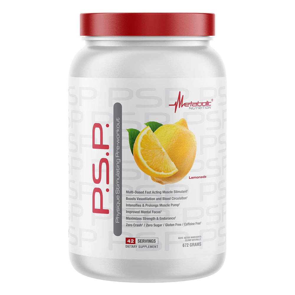 Metabolic Nutrition PSP Physique Stimulating PreWorkout tub front showing zero sugar formula