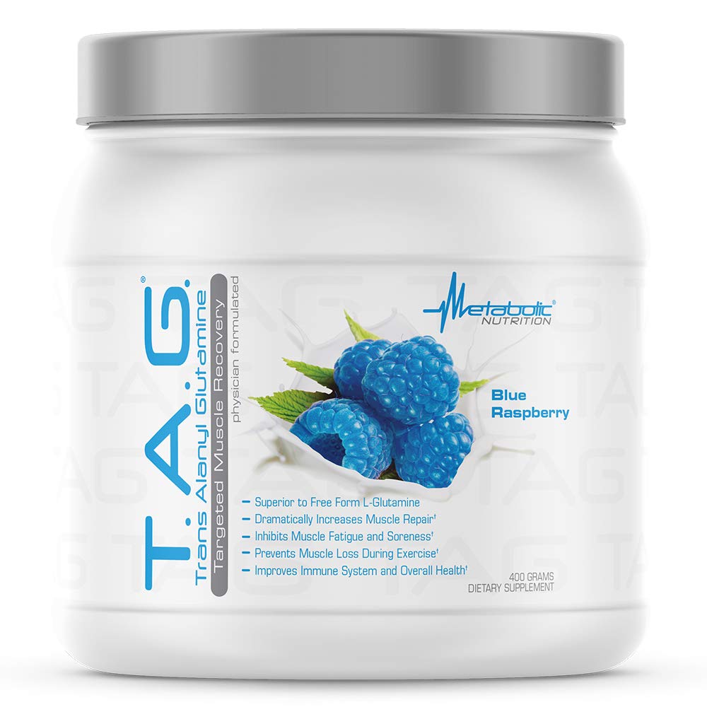 Metabolic Nutrition TAG blue raspberry powder pour for quick mixing and recovery support.