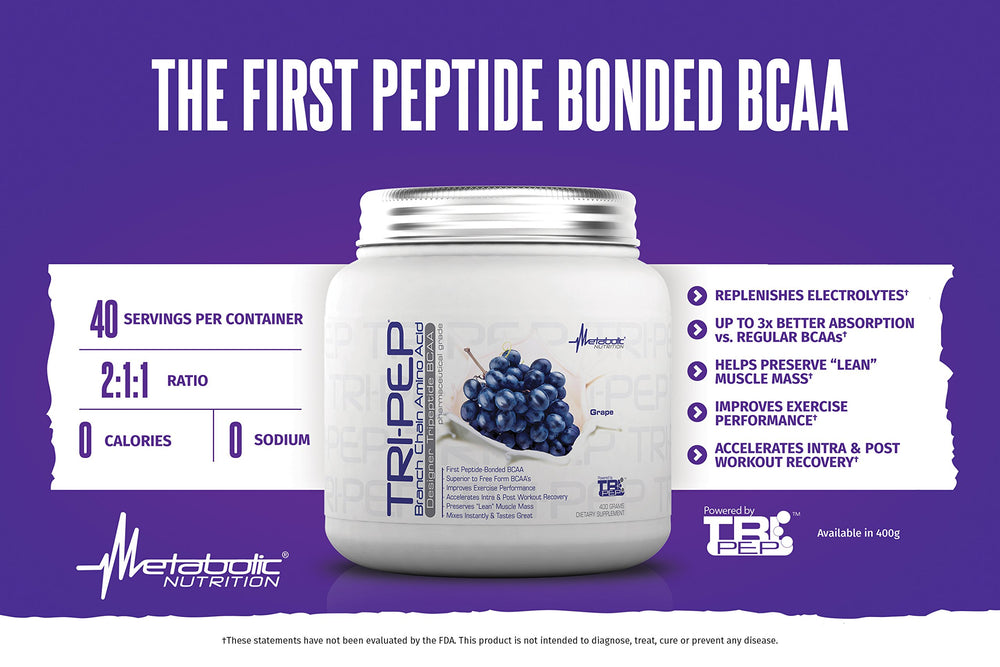 Metabolic Nutrition Tri-Pep label close-up highlighting peptide-bonded BCAA