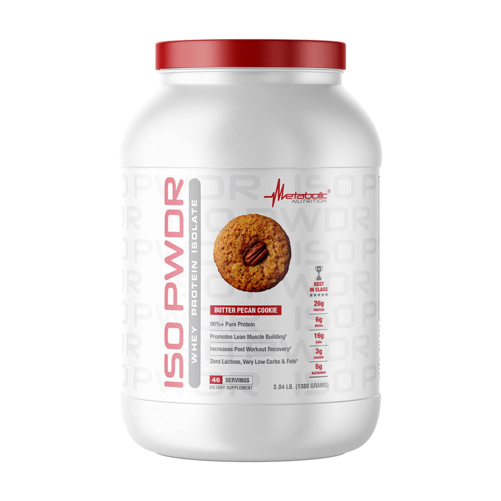 Metabolic Nutrition ISO PWDR bottle shows 26g protein per serving for lean goals