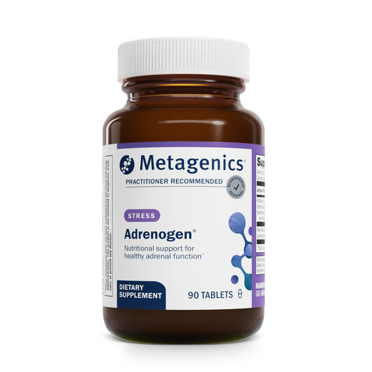 Metagenics Adrenogen bottle close-up showing premium adrenal support for daily energy