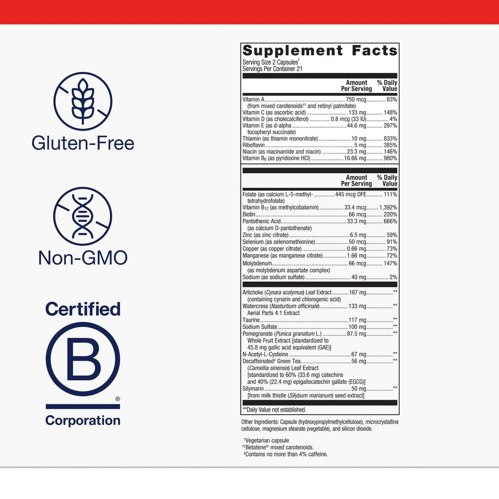 Packaging box of Metagenics AdvaClear showing vegan, gluten-free formula
