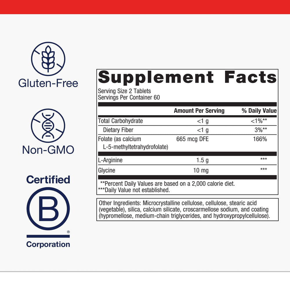 Metagenics Arginine Plus packaging highlights methylfolate (L-5-MTHF) benefits