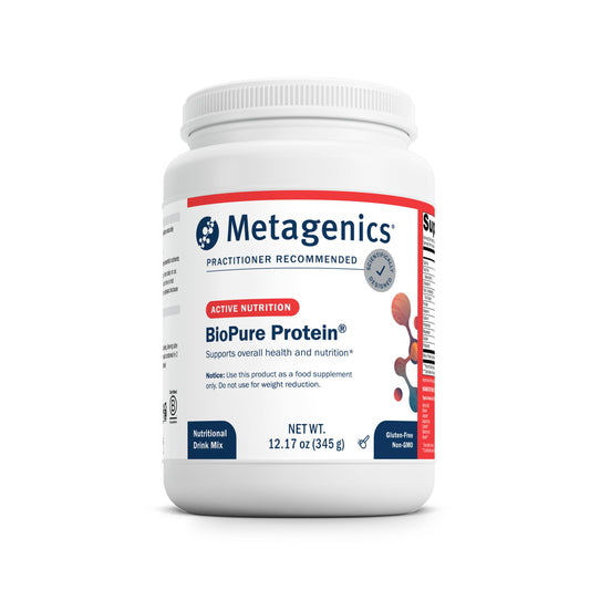 Metagenics BioPure Protein bottle pour promotes smooth post-workout shakes.