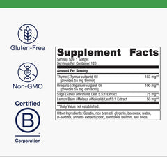 Metagenics CandiBactin-AR ingredients oregano thyme sage lemon balm emphasizing natural gut balance