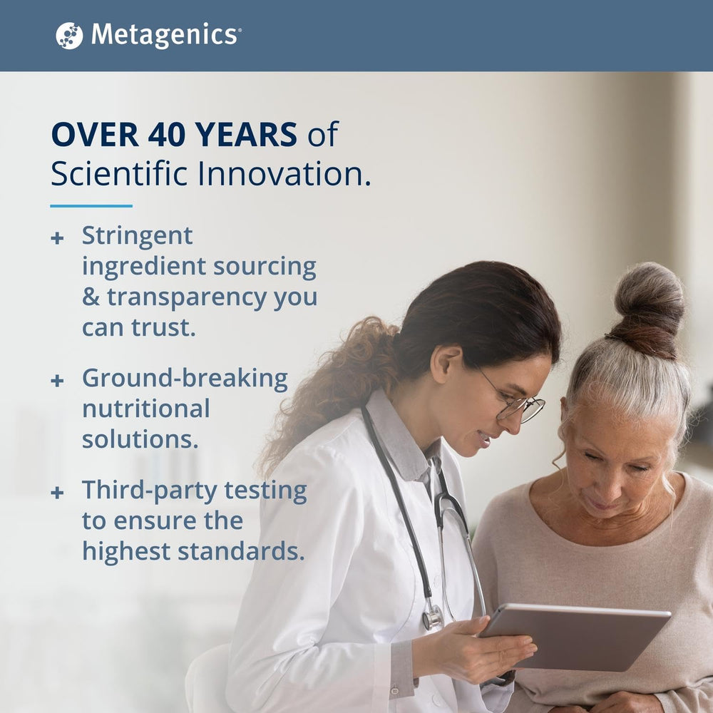 Metagenics Certified B Corporation badge signals ethical production and third-party testing.