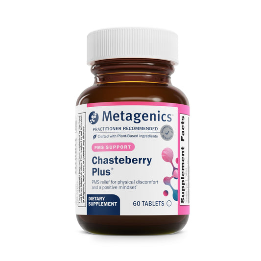 Metagenics Chasteberry Plus bottle on wood surface suggesting balance and routine.