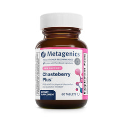 Metagenics Chasteberry Plus bottle on wood surface suggesting balance and routine.