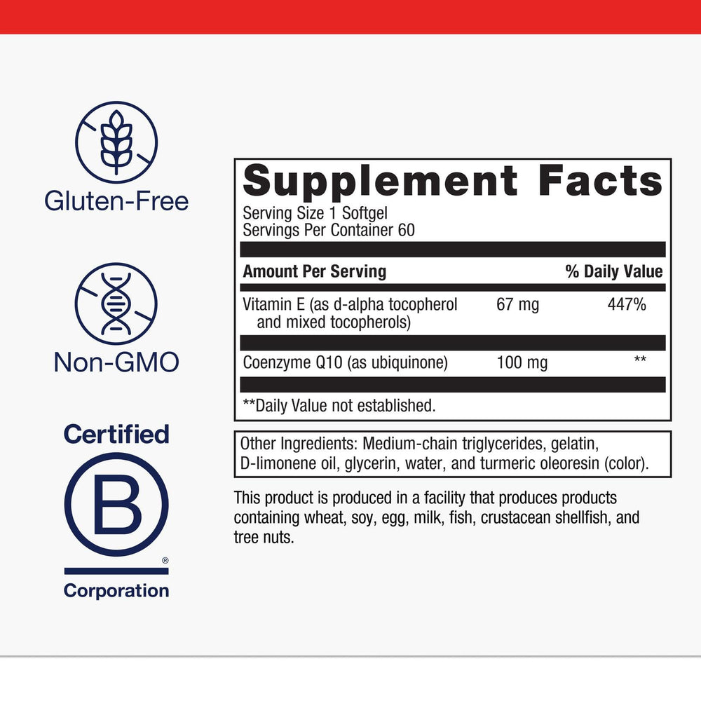 Metagenics CoQ10 ST-100 ingredient panel with vitamin E and tocopherols for antioxidant support.