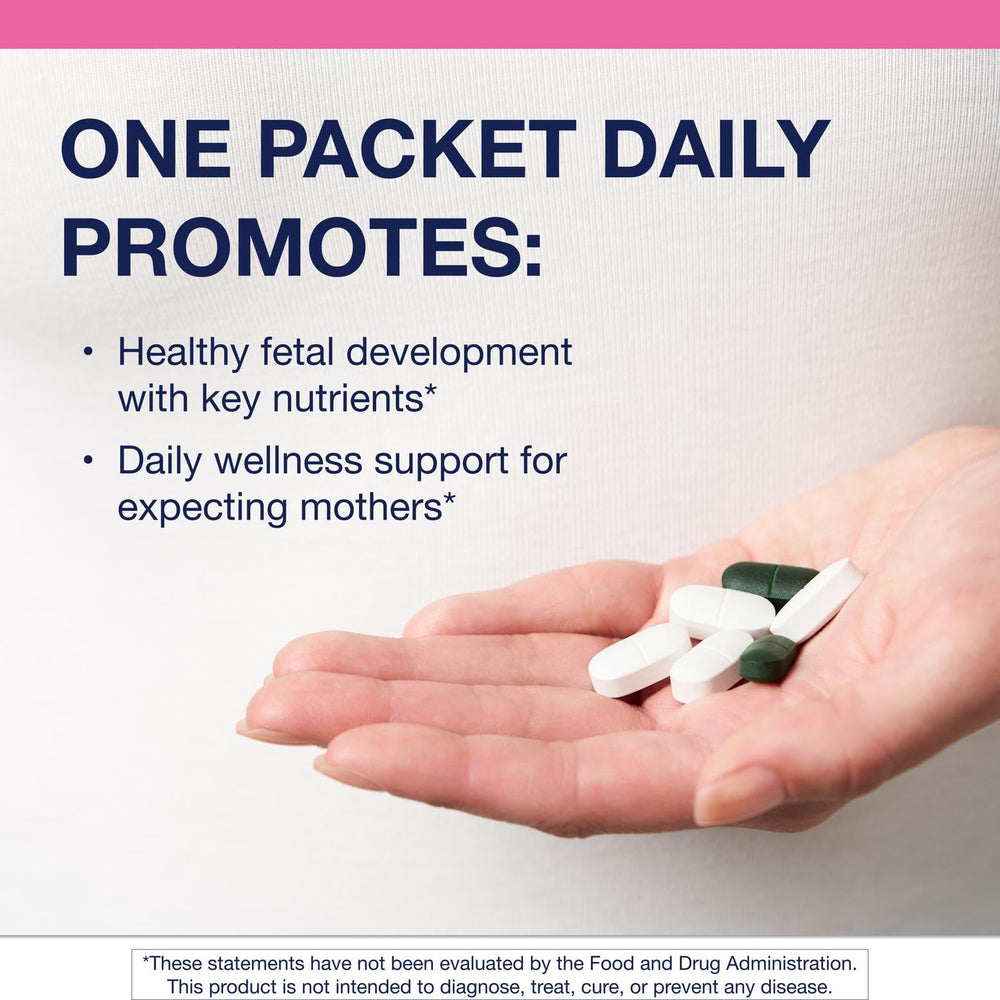 Metagenics Fem Prenatal bottle packaging highlighting an easy, on-the-go regimen for busy mornings
