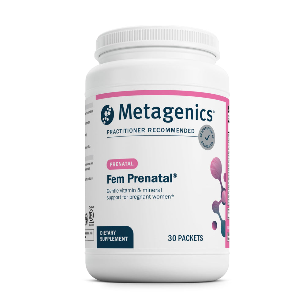 Metagenics Fem Prenatal packets close-up showing convenient daily doses for mom and baby support