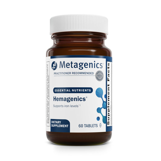Metagenics Hemagenics bottle front view for daily iron support.