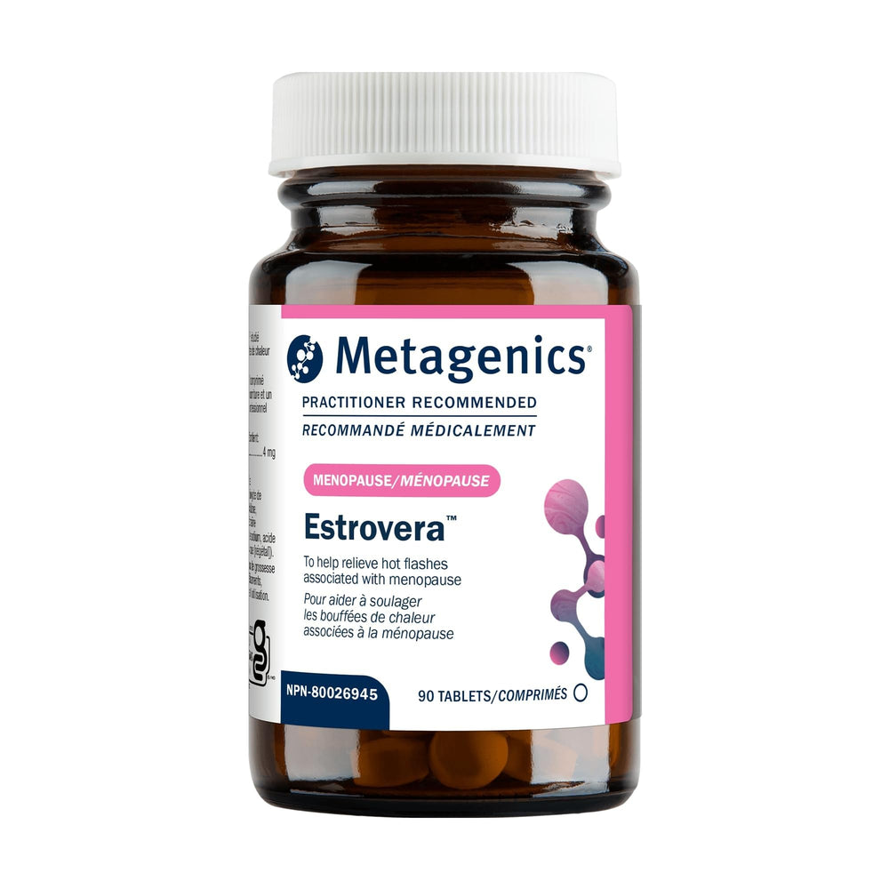Metagenics HerWellness Estrovera bottle label with ERr 731 extract supports hot flash relief