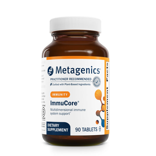 Metagenics ImmuCore bottle label highlights immune support ingredients.