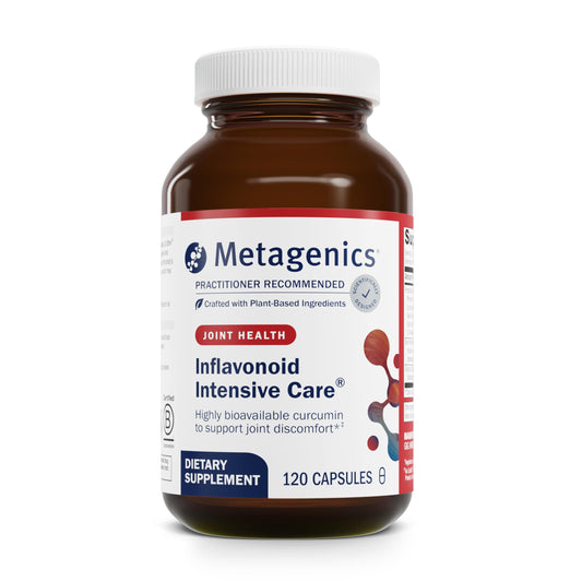 Metagenics Inflavonoid Intensive Care bottle label highlights joint-friendly formula and wellness support.