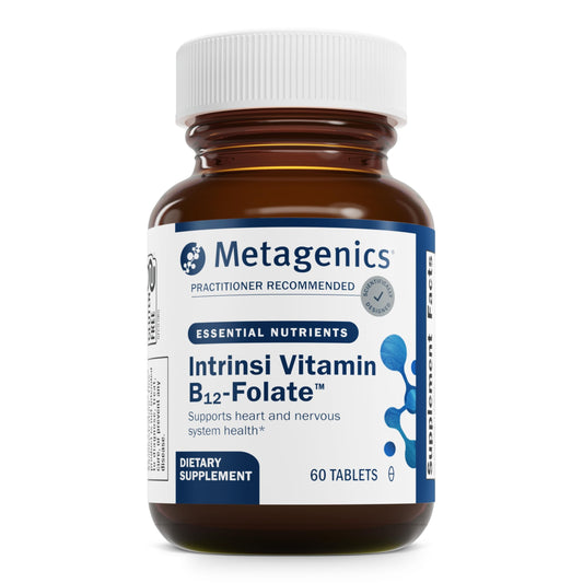 Metagenics Intrinsi B12-Folate bottle shown for daily energy support in a clean package