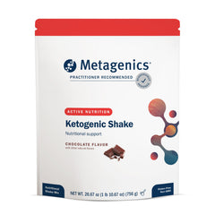 Metagenics Ketogenic Shake bottle pour showing chocolate keto nutrition on the go