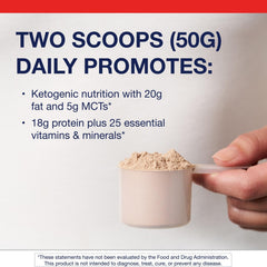 Metagenics Ketogenic Shake scoop highlighting quick protein for lasting fullness