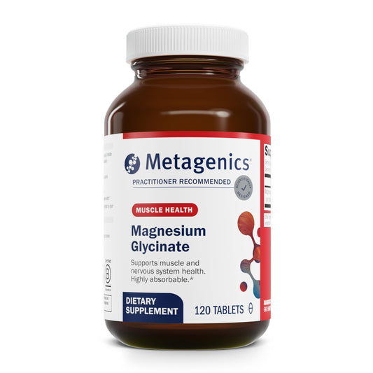 Metagenics Magnesium Glycinate tablets bottle – easy absorption supports relaxation and restful sleep.