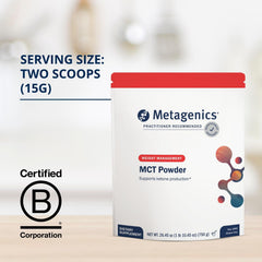 Metagenics MCT Powder unflavored powder mixing into a beverage.