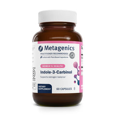 Metagenics Meta Indole-3-Carbinol bottle on a clean counter for daily balance support.