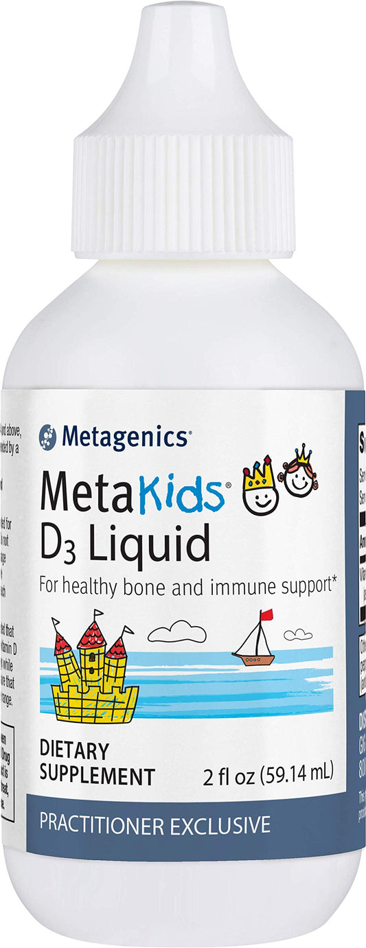 Metagenics MetaKids D3 liquid bottle highlighting high-absorption vitamin D3 for bone and immune support