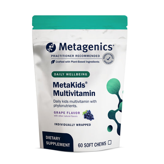Metagenics MetaKids soft chews bottle shown with grape flavor for daily vitamin support