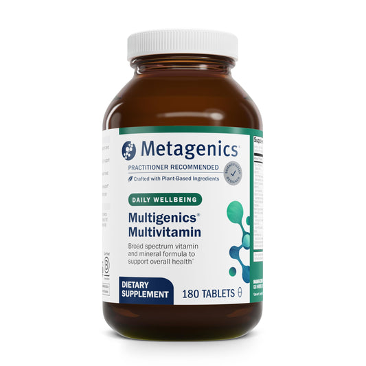 Metagenics Multigenics bottle front showing daily multivitamin in a balanced container
