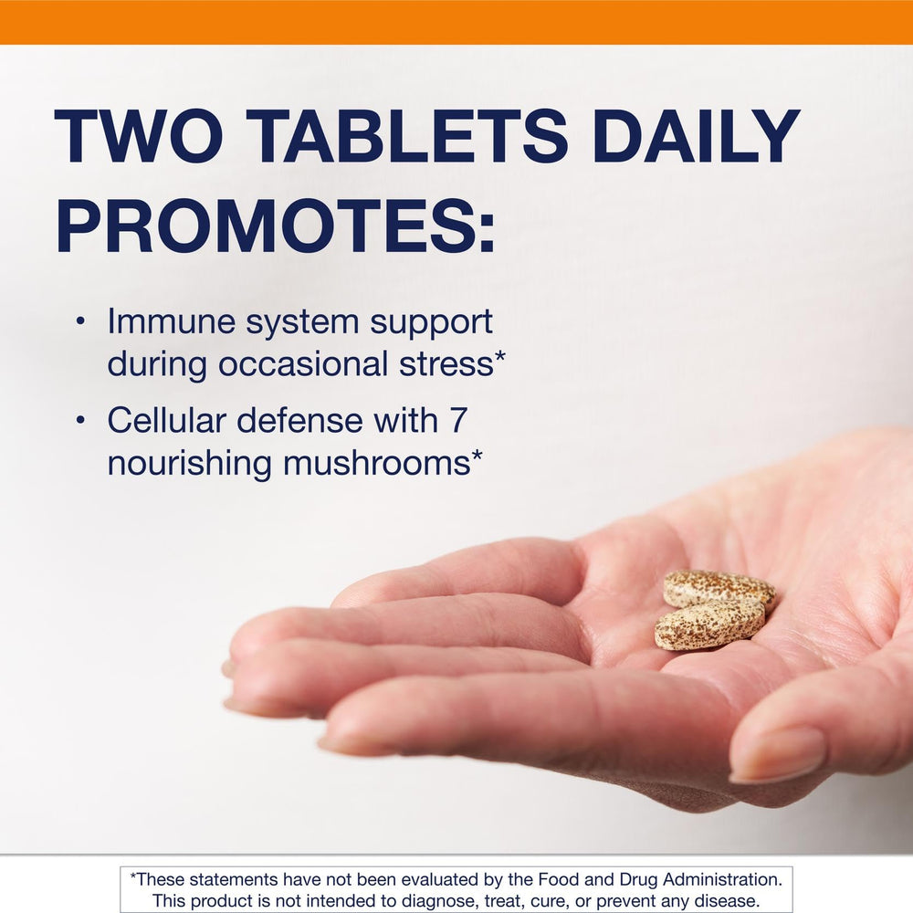 Metagenics Mycotaki seven-mushroom blend closeup highlights beta-glucans for vitality.