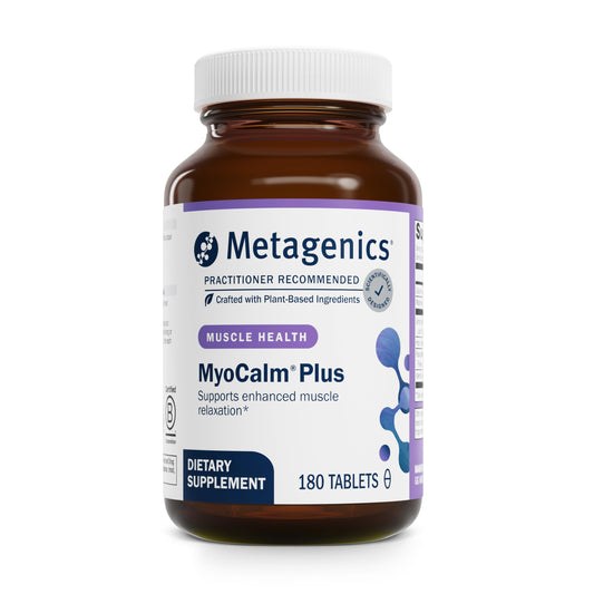 Metagenics MyoCalm Plus bottle showing calming relaxation and sleep support.