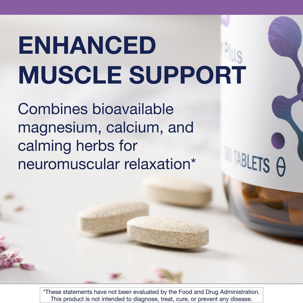 Metagenics MyoCalm Plus label close-up highlighting ingredients and benefits.