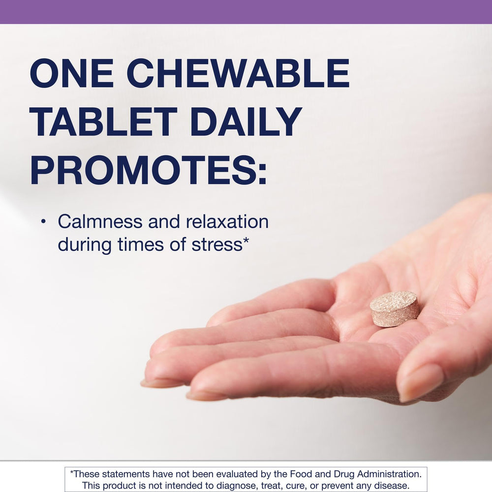 NuSera chocolate chewable tablet close-up showcasing convenient on-the-go calm support.