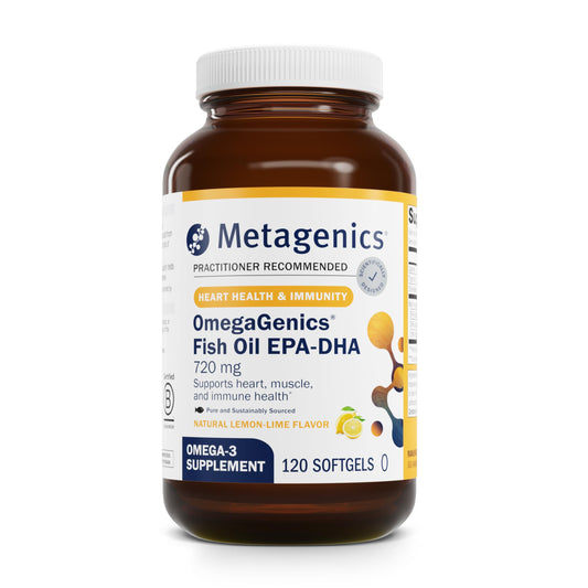 Metagenics OmegaGenics fish oil bottle with high EPA-DHA content for potential heart support