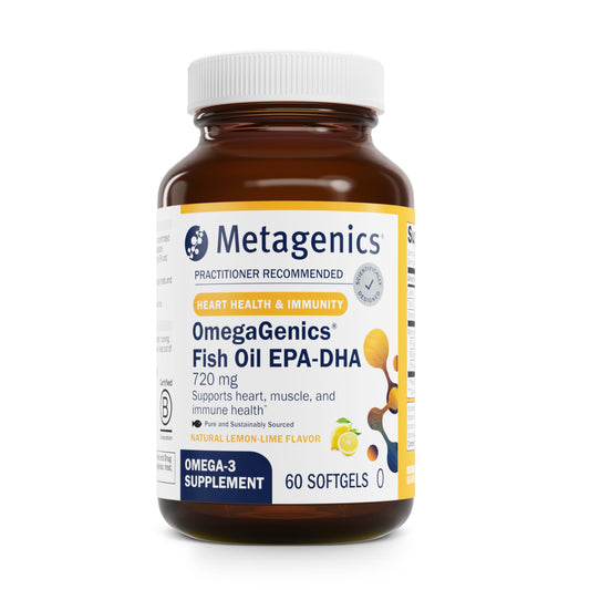 Metagenics OmegaGenics fish oil bottle supporting heart and brain health