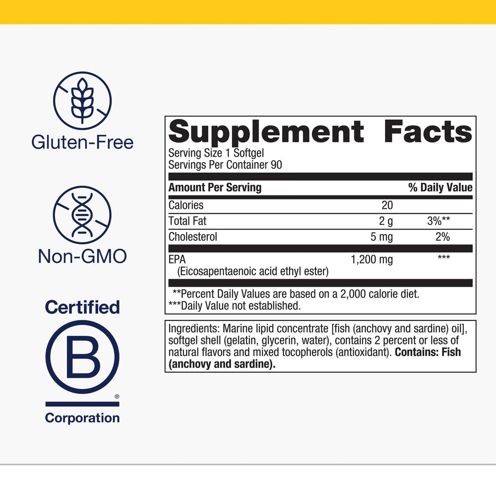 Third-party testing label on Metagenics OmegaGenics EPA 1200 bottle