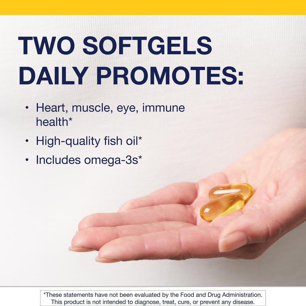 Close-up of Metagenics OmegaGenics softgels showing lemon-lime flavor for daily use