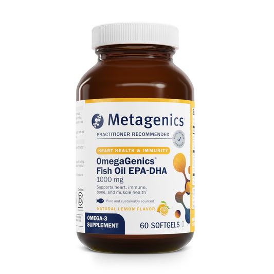 Metagenics OmegaGenics EPA-DHA 1000 mg bottle, ideal for daily heart, brain, eye, joint, and immune support.